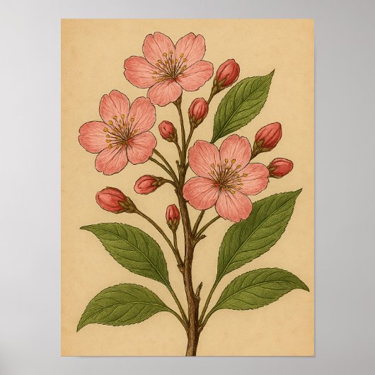 Vintage Cherry Blossom on Weathered Paper Poster (Vorne)