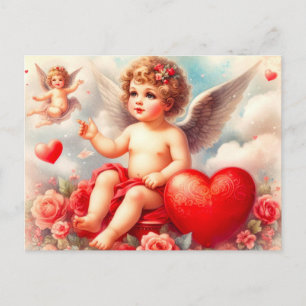 Vintage Cherub Engel mit rosa Rosen  Postkarte