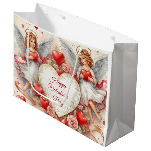 Vintage-Cherub-Engel Valentinstag-Geschenktasche Große Geschenktüte (Vorderseite Schrägansicht)