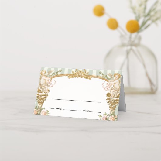 Vintage Cherub Place Card with Sage Stripes Platzkarte (Vorderseite)