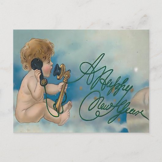 Vintage Cherub Telephone Call | Happy New Year Postkarte (Vorderseite)