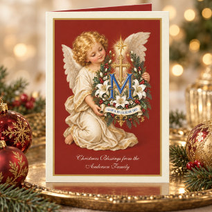 Vintage-Cherubim und Marianisches Kreuz Katholisch Feiertagskarte