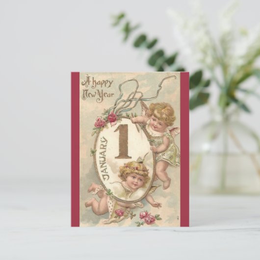 Vintage Cherubs glücklich Neues Jahr Postkarte (Stehend Vorderseite)
