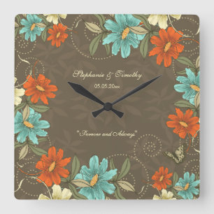 Vintage Chic Aqua Orange Creme Blumenhochzeit Quadratische Wanduhr