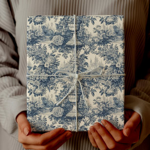 Vintage Chic Blaue Blumige Toile de Jouy Geschenkpapier