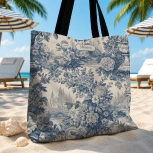 Vintage Chic Blaue Toile de Jouy Floral Monogramm Tasche