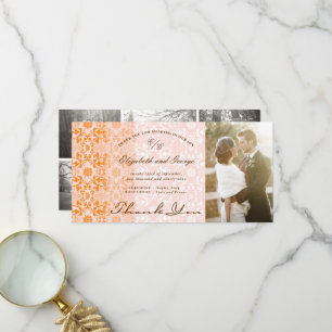 Vintage Chic Damast Lack Orange Pink Foto Hochzeit Dankeskarte
