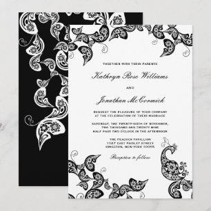 Vintage Chic Floral Schwarz Pfau Hochzeitseinladun Einladung