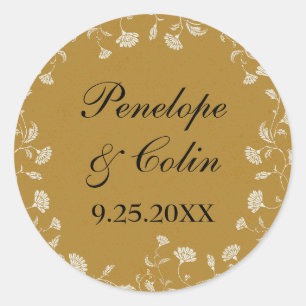 Vintage Chic Gold Blumen Name Datum Runder Aufkleber