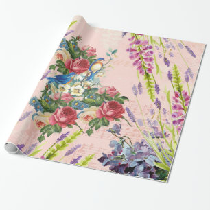 Vintage Chic rosa blaue Vögel Blumenmuster Geschenkpapier