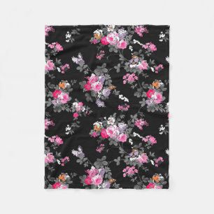 Vintage Chic rosa graue schwarze Blumenmuster Fleecedecke