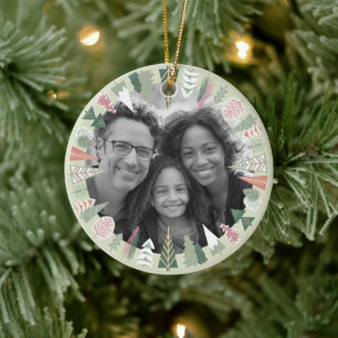Vintage Chic Weihnachtsbaum Foto GRÜN rosa Rund Keramik Ornament