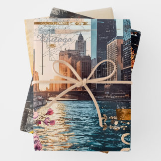 Vintage-Chicago-Collage Urbane Träumerei Geschenkpapier Set