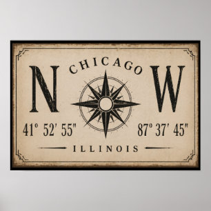 Vintage Chicago Koordinaten Wandkunst Poster