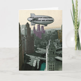 VINTAGE CHICAGO-LUFTSCHIFF ÜBER DER STADT KOMISCHE KARTE