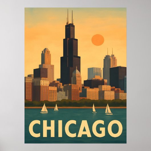 Vintage Chicago skyline, lake Michigan sailboat Poster (Vorne)