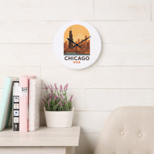 Vintage Chicago USA Reise Retro Stadt Himmel Große Wanduhr
