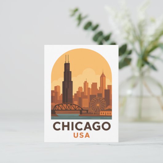 Vintage Chicago USA Travel – Retro City Sky Postkarte (Stehend Vorderseite)