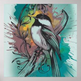 Vintage Chickadee Serenade - Aquamarin Poster