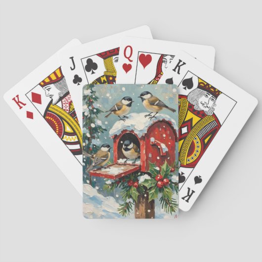 Vintage Chickadees on Snowy Christmas Mailbox Spielkarten (Rückseite)
