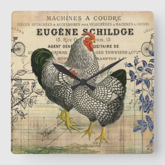Vintage Chickens Ephemera Quadratische Wanduhr (Vorderseite)