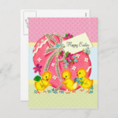 Vintage Chicks und rosa Ostereier Feiertagspostkarte (Vorne/Hinten)