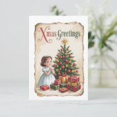 Vintage Child and Christmas Tree Card Einladung (Stehend Vorderseite)