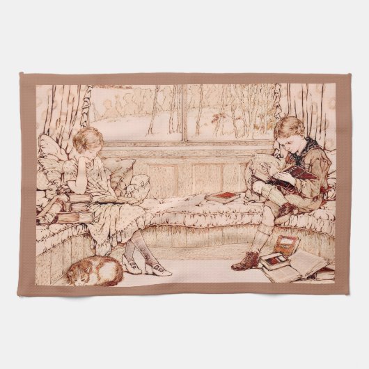 Vintage Children Reading cozy Illustration  Geschirrtuch (Horizontal)