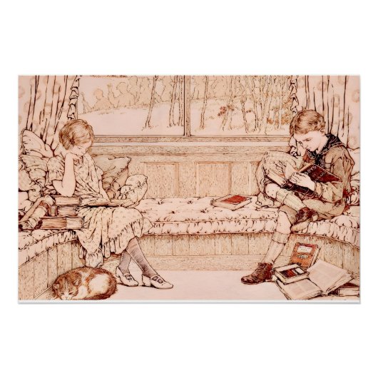Vintage Children Reading cozy Illustration  Poster (Vorderseite)