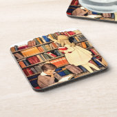 Vintage Children Reading Library Books Getränkeuntersetzer (Linke Seite)