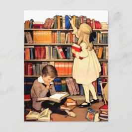 Vintage Children Reading Library Books PostCard Postkarte