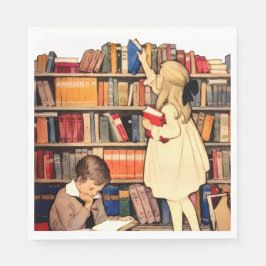 Vintage Children Reading Library Books Serviette
