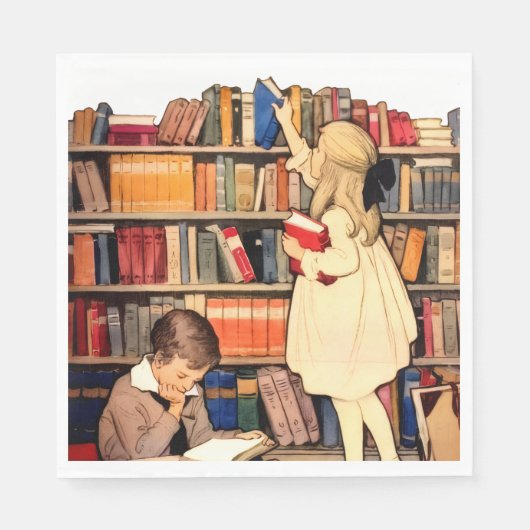 Vintage Children Reading Library Books Serviette (Vorderseite)