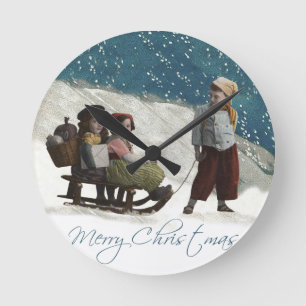 Vintage Children Sledding Artwork painting drawing Runde Wanduhr