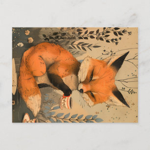 Vintage chinesische Kunst niedlicher Fuchs mit Tee Postkarte