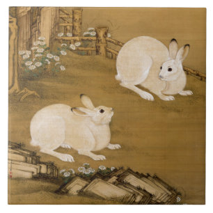 Vintage chinesische Kunst Zwei weiße Kaninchen Mal Fliese