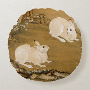 Vintage chinesische Kunst Zwei weiße Kaninchen Mal Rundes Kissen