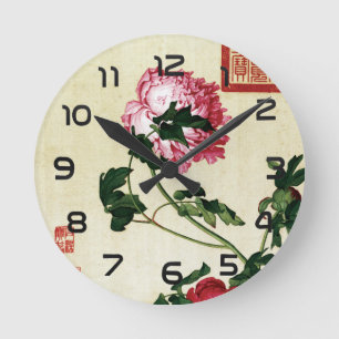 Vintage chinesische rosa Pfingstrose-Blumenkunst Runde Wanduhr