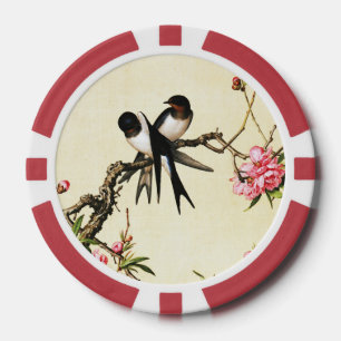 Vintage chinesische Schwalben und Pfirsichblüten Pokerchips
