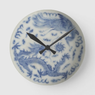 Vintage chinesischer Drache Monaco Blau Chinoiseri Runde Wanduhr