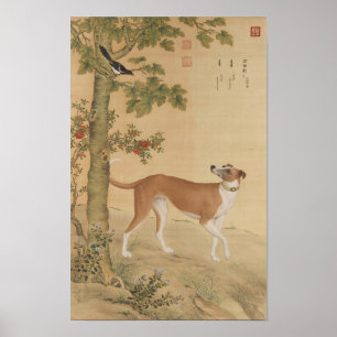Vintage chinesischer Greyhound-Hund- und Vogelkuns Poster