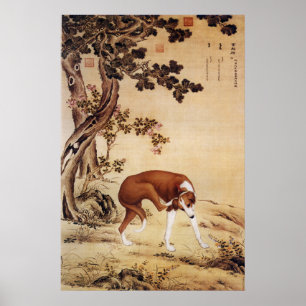 Vintage chinesischer Greyhound unter Pinienbaum Ku Poster
