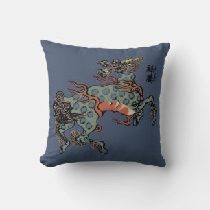 Vintage-Chinesischer Qilin auf Blue Jeans Blau Kissen