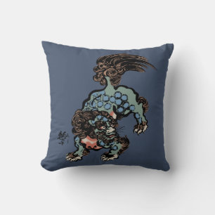 Vintage-Chinesischer Shi-Löwe auf Blau Jeans Blau Kissen