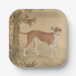 Vintage-Chinesischer Windhund Hund & Vogel Kunst Pappteller