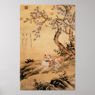 Vintage Chinesischer Windhund unter Pfirsichblüten Poster
