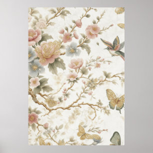 Vintage chinesisches Blumenmuster mit Kolibri Poster