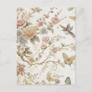 Vintage chinesisches Blumenmuster mit Kolibri Postkarte