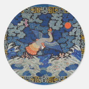 Vintage-chinesisches Kranichmuster: Kaiserblau Runder Aufkleber