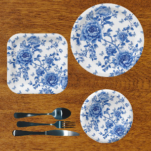 Vintage-Chinoiserie Blau Weiße Schmetterlingsrosen Pappteller